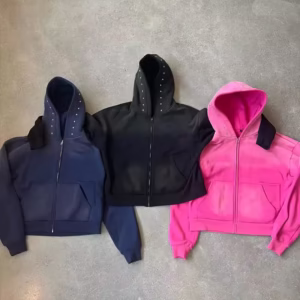 Custom Cropped Acid Wash Rhinestones Hoodie
